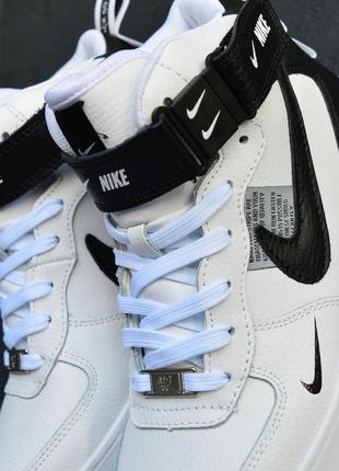 Nike air force 1 mid кроссовки мужские кожаные отличное качество зимние с мехом ботинки сапоги высокие теплые найк форс белые с черным8 фото