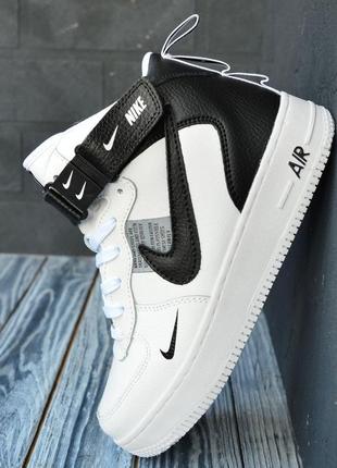 Nike air force 1 mid кроссовки мужские кожаные отличное качество зимние с мехом ботинки сапоги высокие теплые найк форс белые с черным10 фото