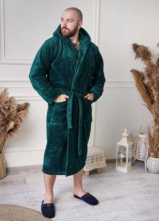 Чоловічий довгий халат з капюшоном на запах тканина велсофт колір смарагд
