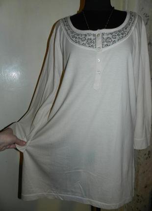 Натуральная,трикотажная,кремовая блузка,с бисером по горловине,большого размера,kappahi1 фото