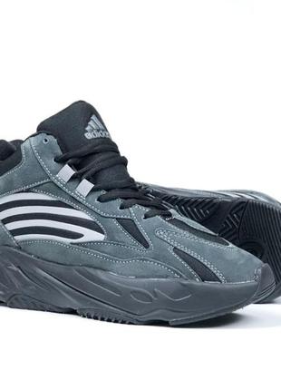 Adidas yeezy boost серые кроссовки зимние с мехом мужские замшевые ботинки сапоги высокие теплые адидас изви