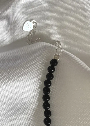 Ожерелье серебряное с черным агатом, цепочка короткая из бусин из натурального камня,серебро 925 пр3 фото