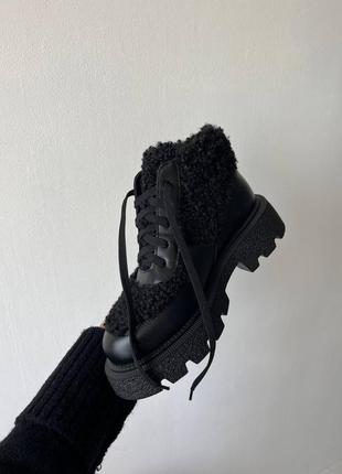 Кожаные ботинки сапоги ботфорты на шерсти высокие на платформе рифленой подошве с мехом тедди зимние zara4 фото