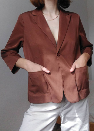 Шоколадный пиджак сатиновый жакет коричневый блейзер пиджак 3/4 рукав жакет оверсайз3 фото