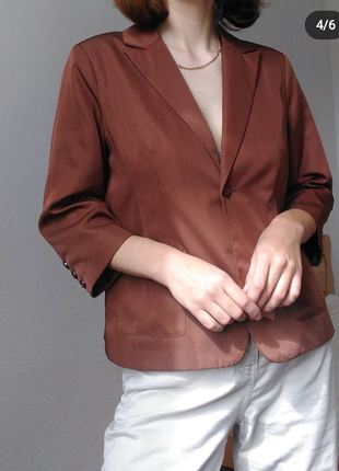 Шоколадный пиджак сатиновый жакет коричневый блейзер пиджак 3/4 рукав жакет оверсайз4 фото