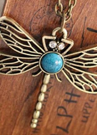 Цепь цепочка подвес кулон стрекоза бирюза бронза стразы