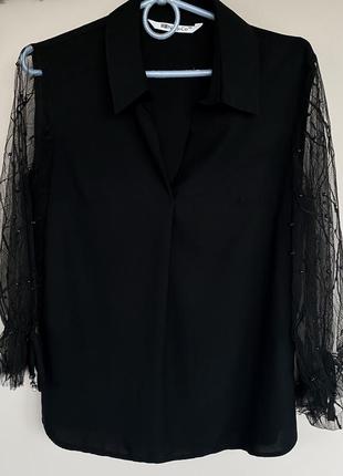 Черная женская блузка с сеткой7 фото