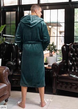 Чоловічий халат полірована махра довгий з поясом та капюшоном якісний на подарунок бежевий кавовий капучино чорний ізумруд зелений синій теплий зима6 фото