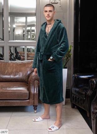 Теплый халат для дома мужской капюшон длинный оверсайз большой с поясом синий зеленый беж черный махровый махра плюш на подарок5 фото