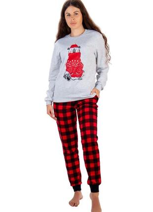 Жіноча новорічна тепла піжама фемілі лук з ведмедиком, різдвяний комплект штани в клітинку з начосом, женская новогодняя пижама