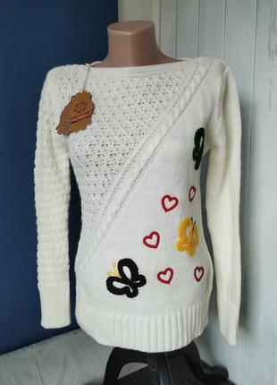 Джемпер женский с вышивкой # белый теплый пуловер с воротником лодочка3 фото