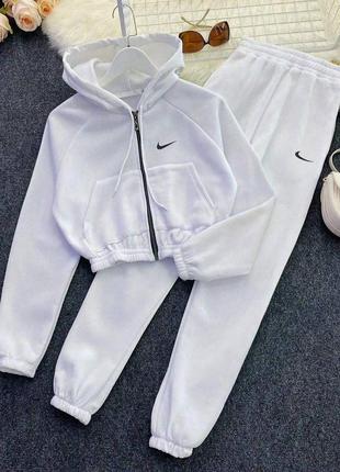 Спортивный костюм найк  nike кофта зиппер на молнии укороченная брюки свободный комплект белый голубой розовый серый черный на флисе теплый