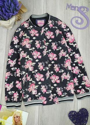 Бомбер bershka женская ветровка на кнопках чёрная с цветочным принтом размер s
