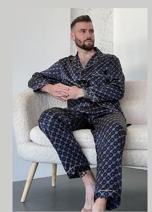 Шелковая мужская пижама дубай с узором натуральный 100% шелк, синяя. штаны и рубашка2 фото