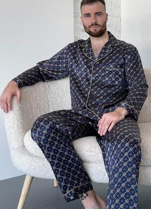 Шелковая мужская пижама дубай с узором натуральный 100% шелк, синяя. штаны и рубашка3 фото