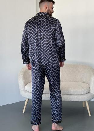 Шелковая мужская пижама дубай с узором натуральный 100% шелк, синяя. штаны и рубашка5 фото