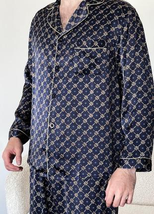 Шелковая мужская пижама дубай с узором натуральный 100% шелк, синяя. штаны и рубашка7 фото