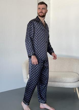 Шелковая мужская пижама дубай с узором натуральный 100% шелк, синяя. штаны и рубашка6 фото