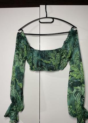 Блузка топ с листьями, летняя блузка, зеленый принт4 фото