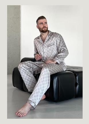 Шелковая мужская пижама дублин, серая, натуральный 100% шелк,  штаны и рубашка
