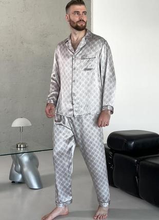 Шелковая мужская пижама дублин, серая, натуральный 100% шелк,  штаны и рубашка2 фото