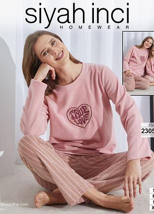 Тепла жіноча піжама з флісу пудрова для дому с-хл домашній костюм на осінь зиму туреччина