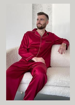 Шелковая мужская пижама "лондон" london натуральный 100% шелк, красний штаны и рубашка4 фото