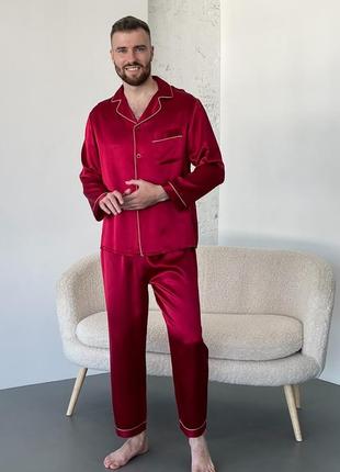Шелковая мужская пижама "лондон" london натуральный 100% шелк, красний штаны и рубашка3 фото