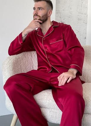 Шелковая мужская пижама "лондон" london натуральный 100% шелк, красний штаны и рубашка6 фото