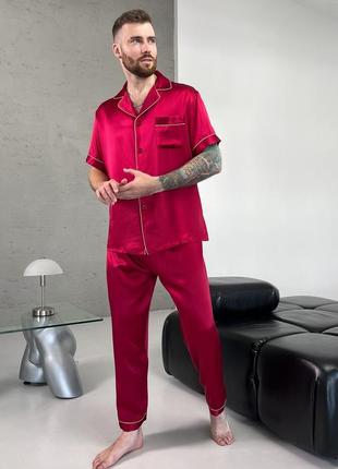 Шелковая мужская пижама cиетл натуральный 100% шелк, красная. штаны и рубашка3 фото