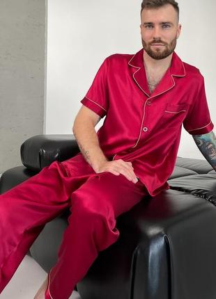 Шелковая мужская пижама cиетл натуральный 100% шелк, красная. штаны и рубашка4 фото
