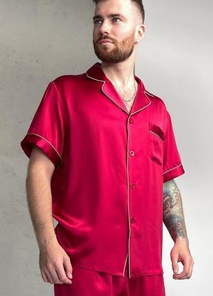 Шелковая мужская пижама cиетл натуральный 100% шелк, красная. штаны и рубашка6 фото