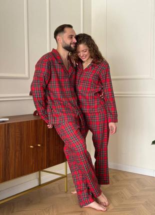 Теплые парные пижамы красная в клетку, новогодняя пижама женская мужская, подарок для пара1 фото