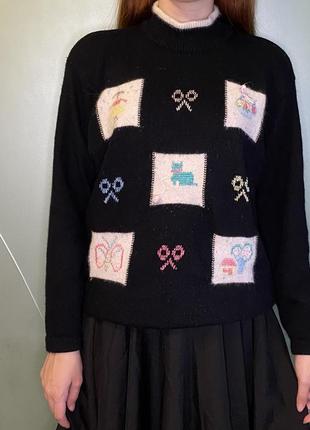 Теплый свитерик с аппликациями erika кофта свитер аппликацией овечьей шерсти черный винтажный винтаж в винтажном стиле