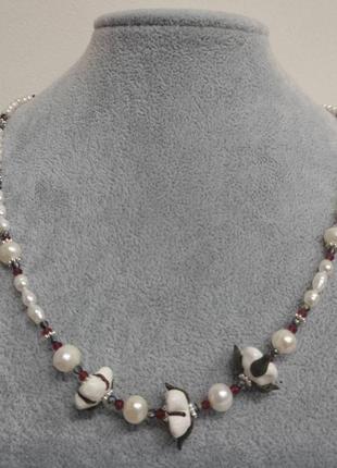 Ожерелье из натуральных речных жемчуга, чешского хрусталя и полимерной глины l- 50см