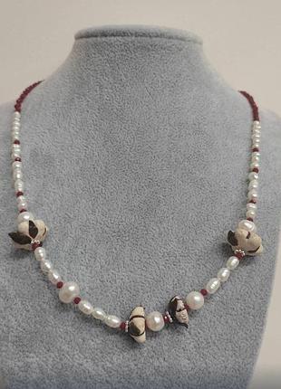 Намисто з натуральних річкових перлів, чеського кришталю та полімерної глини l- 49см