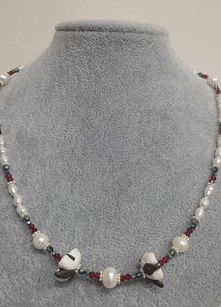 Намисто з натуральних річкових перлів, чеського кришталю та полімерної глини l- 48см