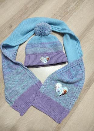 Красивый теплый набор frozen: шапка на флисовой подкладке и длинный шарф на 3-6 лет