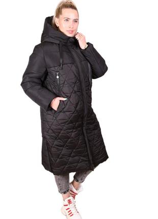 Довге жіноче пальто стьобане великі розміри 54-64р зимове з розрізами з боків на блискавці