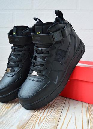 Nike air force 1 mid кроссовки мужские кожаные отличное качество зимние с мехом ботинки сапоги высокие теплые найк форс черные