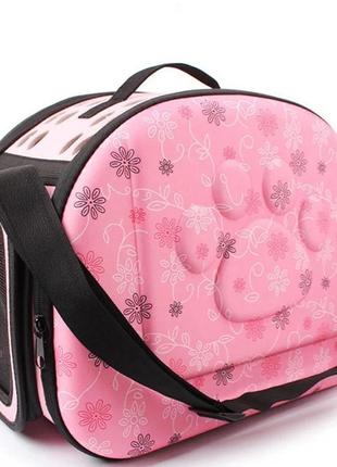 Сумка переноска для кота складана з прозорими вішками сумка для домашніх животних до 7 кг рожева з лапкою