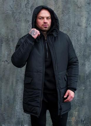 Чоловіча чорна стильна подовжена зимова куртка парка зима наложка накладений платіж