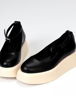 Черные кожаные туфли на шлейке натуральная кожа на бежевой платформе lolita style5 фото