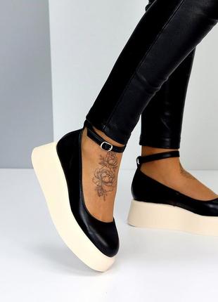 Черные кожаные туфли на шлейке натуральная кожа на бежевой платформе lolita style3 фото