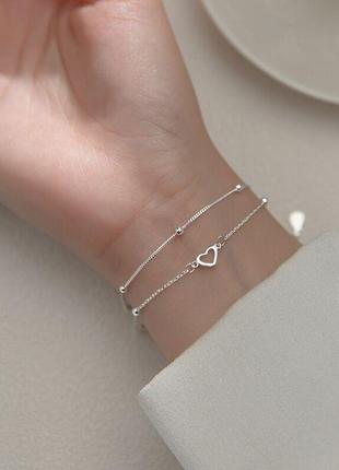 Браслет двойной символ любви, браслет с сердечками и шариками, серебряное покрытие 925 пробы, длина 15+5 см