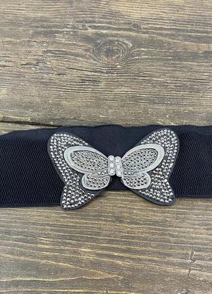 Пояс чорний гумка з метеликом стильний, якісний , кожзам-текстиль