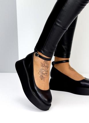 Черные кожаные туфли на шлейке натуральная кожа на небольшой платформе lolita style4 фото
