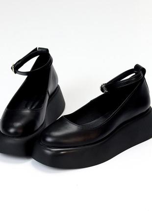 Черные кожаные туфли на шлейке натуральная кожа на небольшой платформе lolita style2 фото