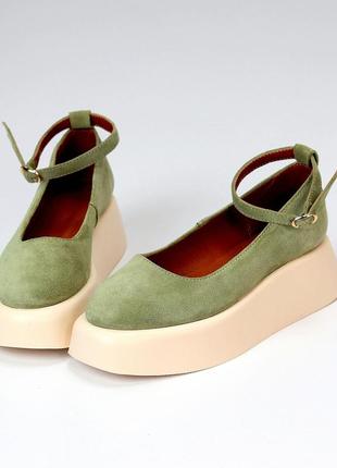 Зеленые замшевые туфли на шлейке натуральная замша цвет оливковый хаки lolita style 😻3 фото