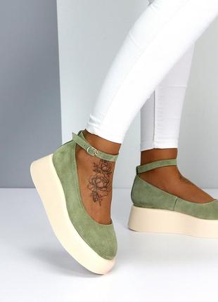 Зеленые замшевые туфли на шлейке натуральная замша цвет оливковый хаки lolita style 😻5 фото